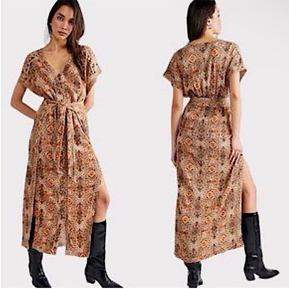 NWOT Free People Farrah Maxi Dress In Boho Print Size Large Orange & Brown Combo